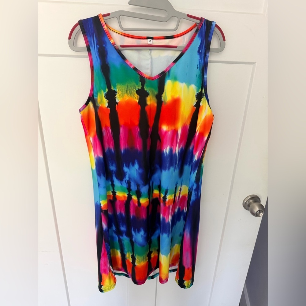 Rainbow Tie Dye Sleeveless Mini Dress | V-Neck Colorful Festival Dress | Medium